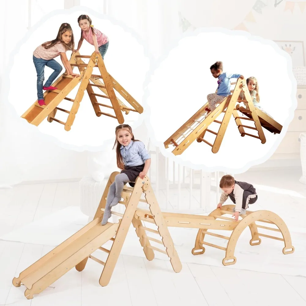 

Montessori Climbing Set 4 in 1 for Kids - Wooden Baby Play Gym Pikler Triangle Arch Board & Slide Climbing Toys