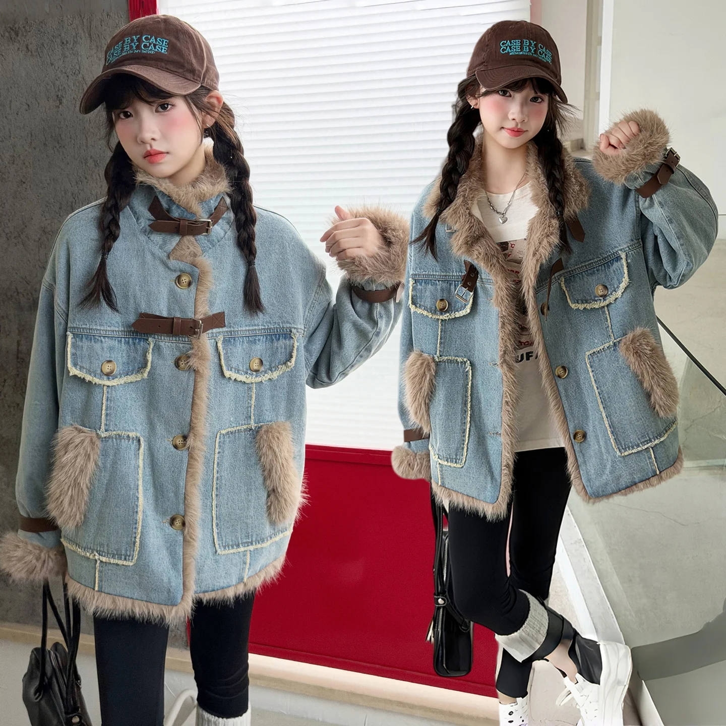 Teenager Girls Thicken denim Jackets Plush Velvet Fur Collar Kids Coats Child Winter Warm Hooded Outerwear Fashion Padded Parka