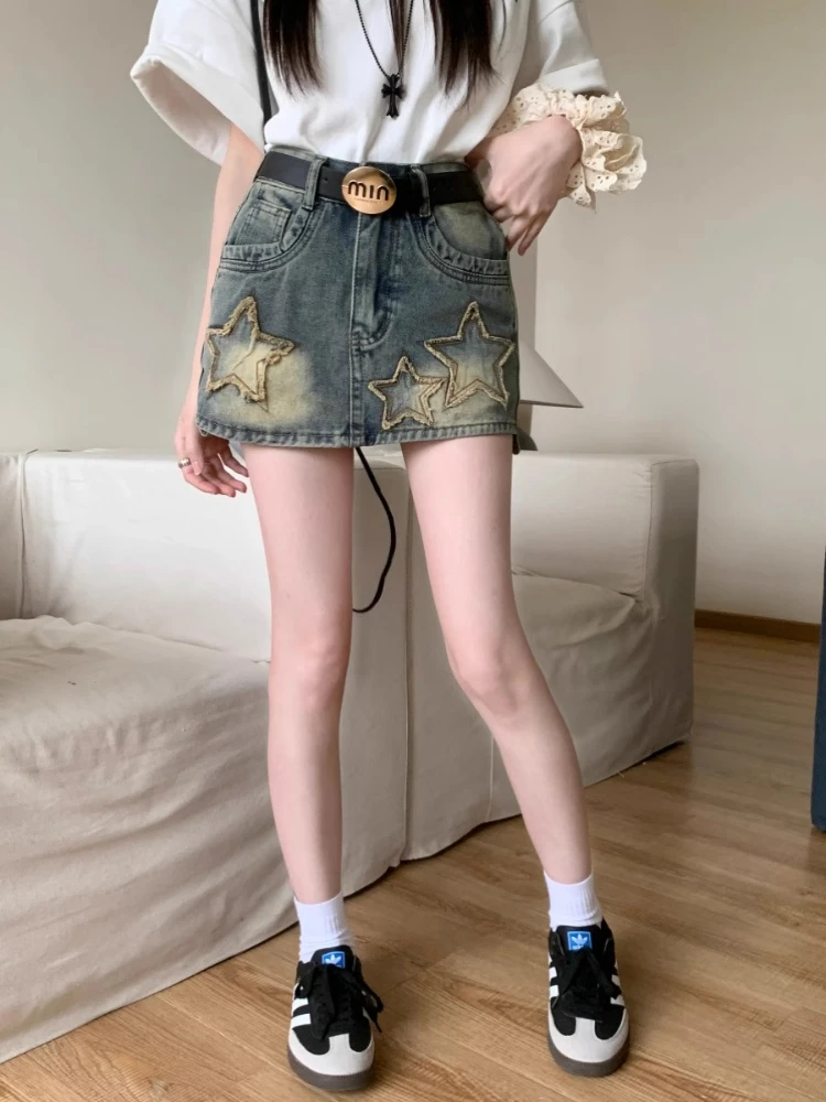 Amerikaanse Retro Vijfpuntige Ster Geborduurde Rokken Zomer Nieuwe Denim Korte Rok Forr Vrouwen Y2k Hoge Taille Bodycon Faldas Mujer