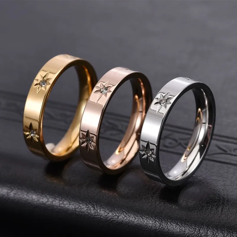 4mm Stainless Steel Inlay CZ Star Ring Wedding Band for Women Men Size 5-10
