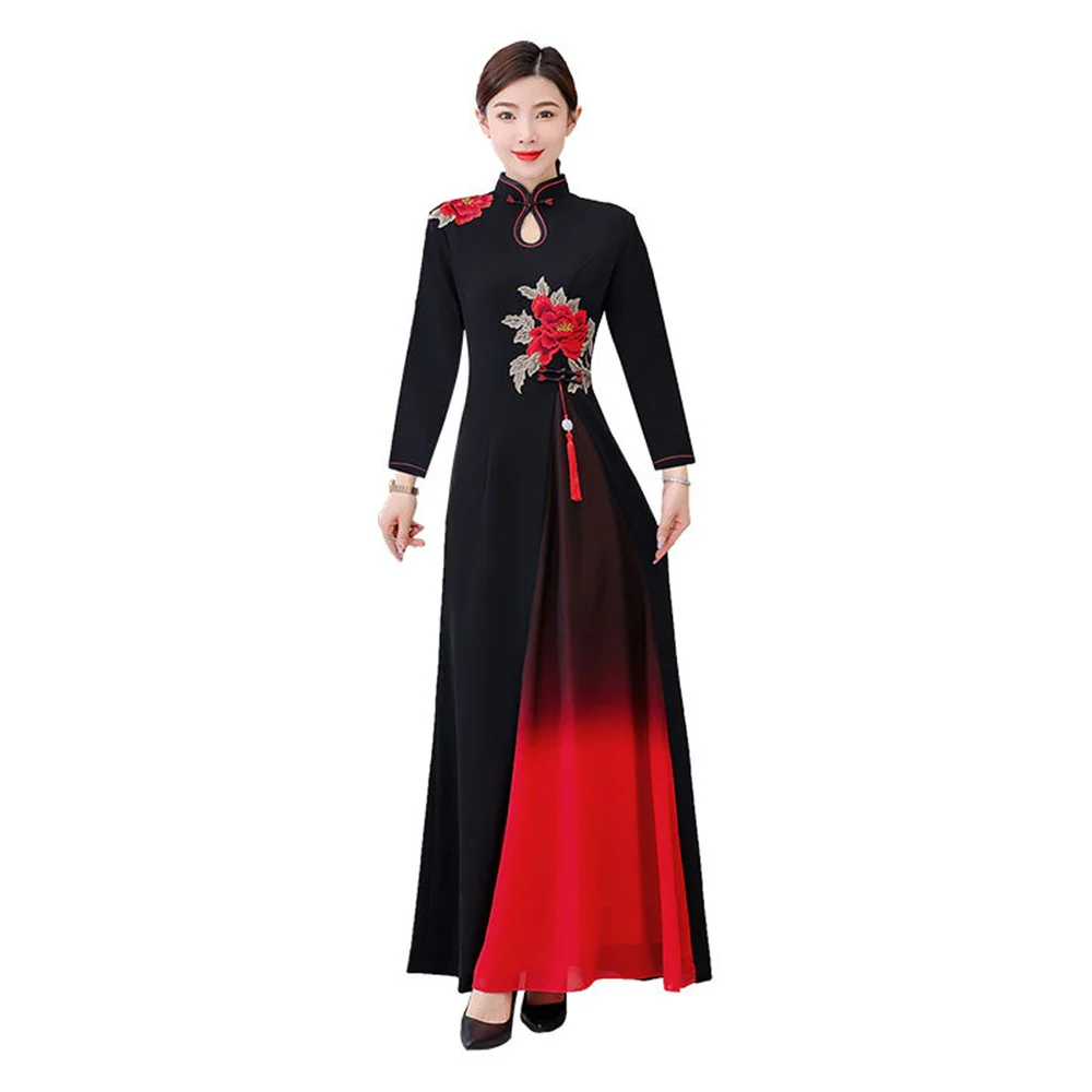 

Autumn Women's Audrey cheongsam Long sleeved High Stage Advanced Sense Etiquette Walk Show Long Choir Performance Dress XQ149