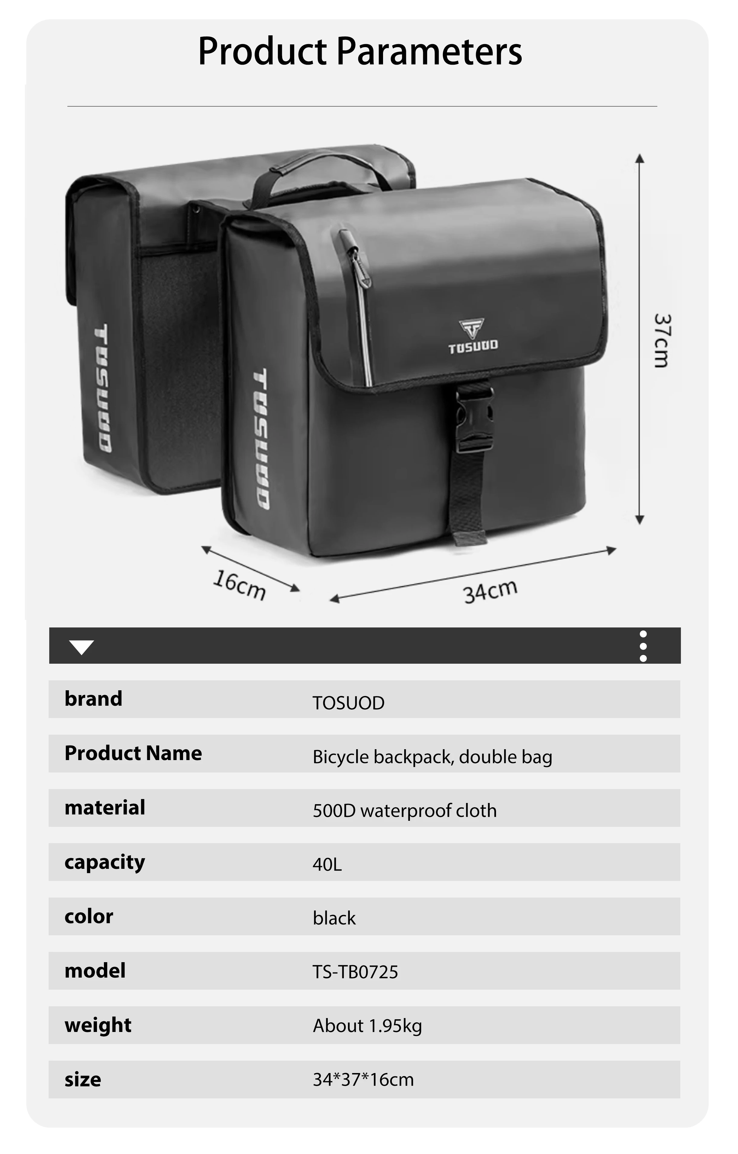TOSUOD 40L Fahrrad-Rücksitztasche mit großer Kapazität, Fahrrad-Seitentasche, Fahrrad-Gepäckträgertasche, Fahrradtasche für Radfahren, Reisen – Detail 1
