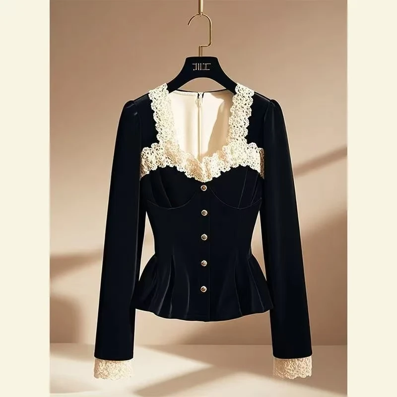 Luxury French Black Velvet Shirt Square Collar Lace Patchwork Blouse Women Slim Waist Zipper Tops Autumn Royal Style Office Lady