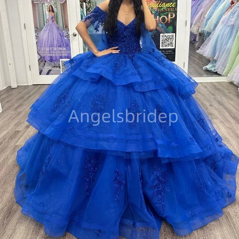 Angelsbridep Off Shoulder Tiered Royal Blue Ball Gown 15 Year Old Quinceanera Dresses Brithday Prom Party Vestidos De Fiesta