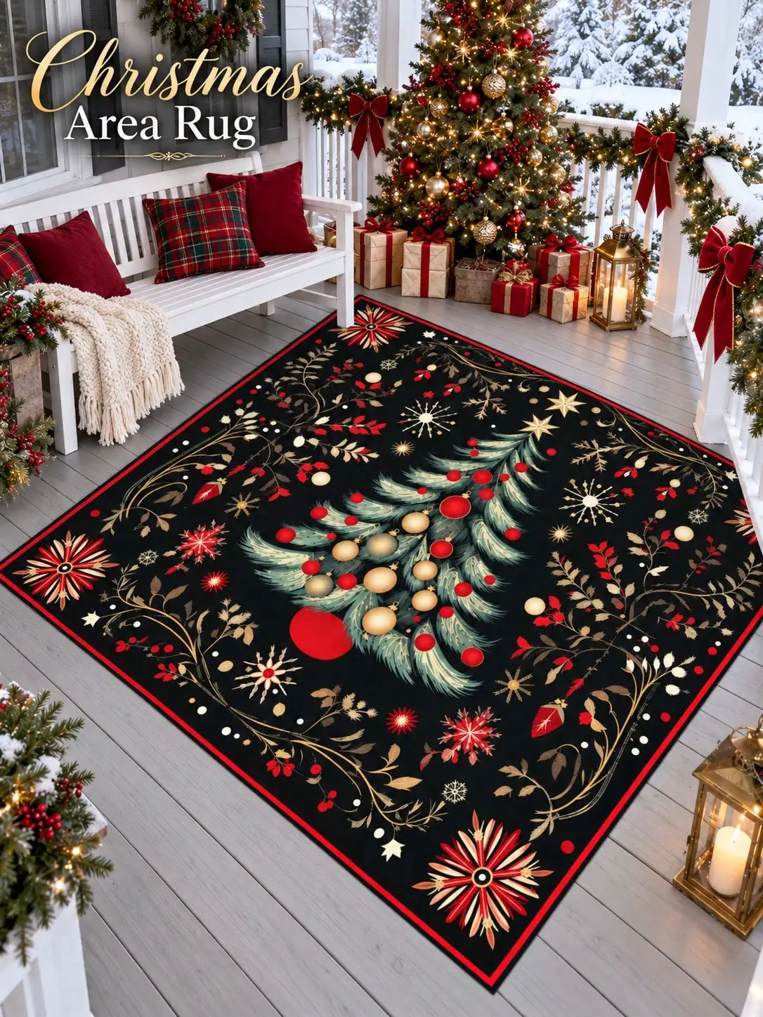 Christmas Rug Tree Baubles Stars Leaves Floor Decor Carpet Living Room Bedroom Dining Area Entryway Apartment Cabin Winter Home Styling Beside Sofa Armchair Housewarming Birthday Gift for Parents Friends Neighbors Homeowners Holiday Family Gatherings