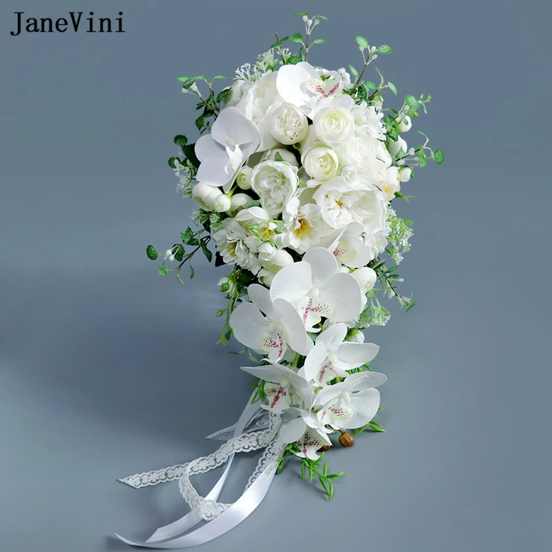 

JaneVini Elegant Waterfall White Wedding Flowers Bridal Bouquets Artificial Silk Roses Boho Bouquet Bride Bridesmaid Accessories