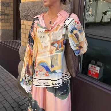 

New Fashionable Printed Button Up Shirt+wide Leg Pants Two-piece Sets Women's Summer Casual Loose Top And Pants Set For Women