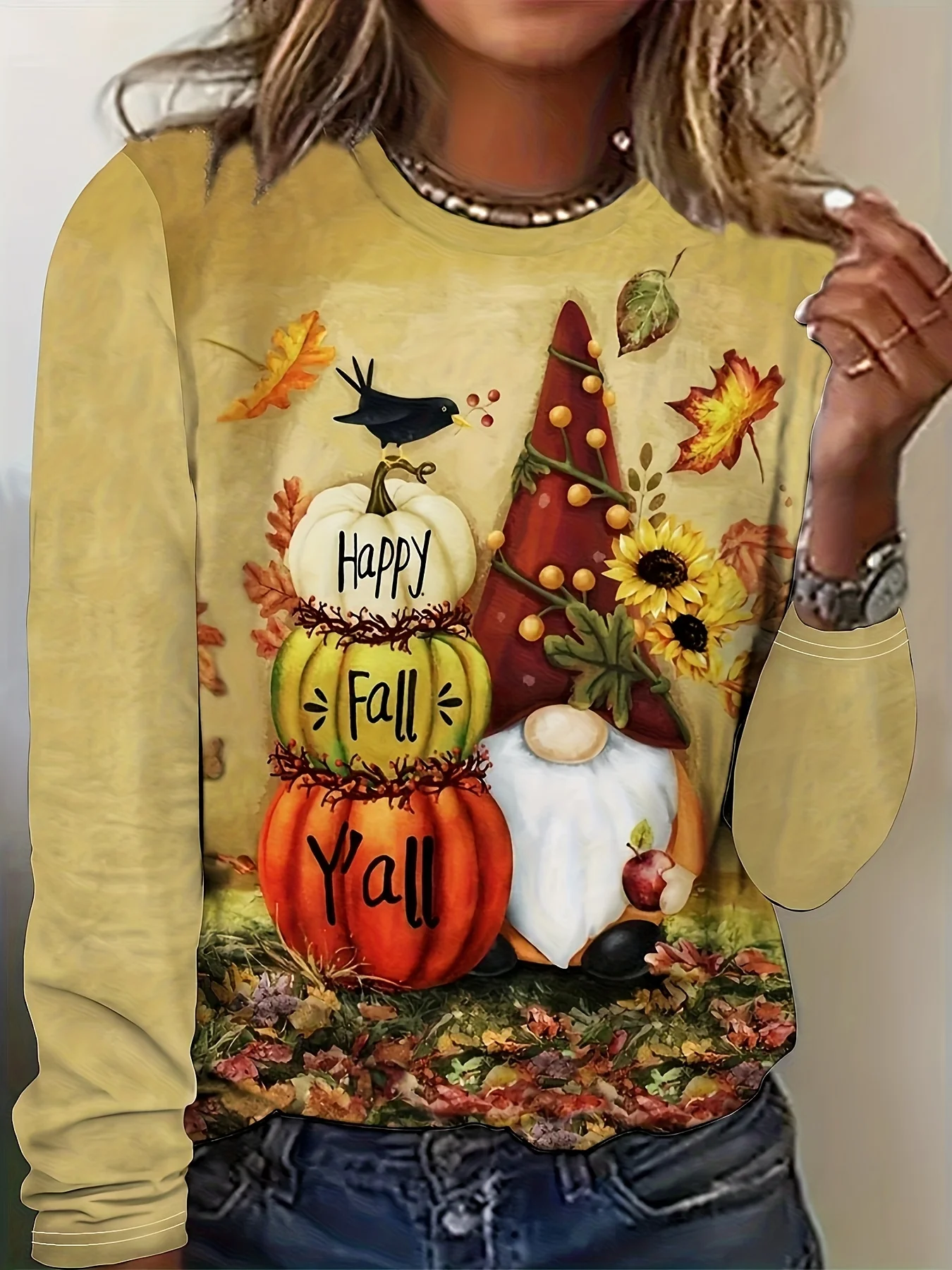 Sweat-shirt pour femmes à imprimé gnome et citrouille, jaune moutarde, Happy Autumn, manches longues, col rond, pull décontracté, haut pour Thanksgiving.