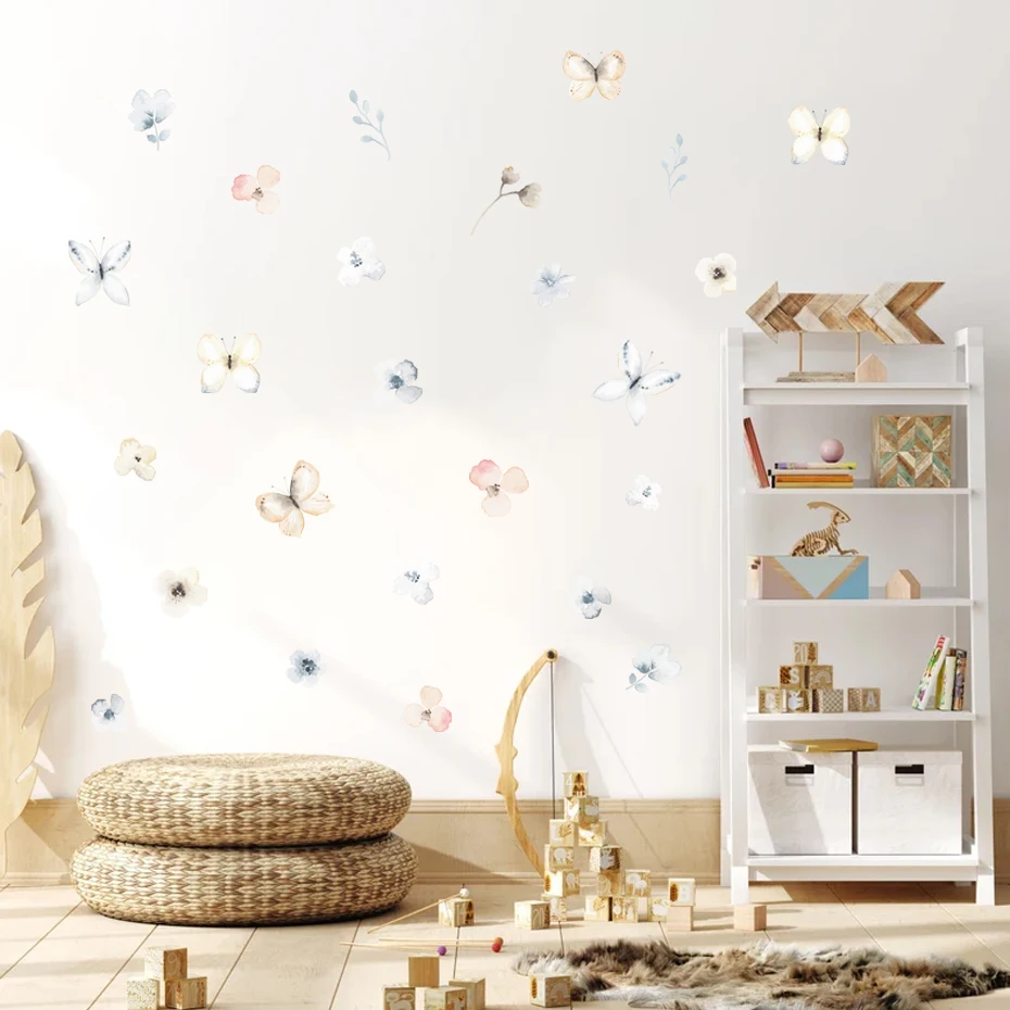 Floral Botanical Butterfly Watercolor Nursery Wall Stickers Removable Childrens Vinyl Wall Decal Baby Girls Boys Room Home Decor