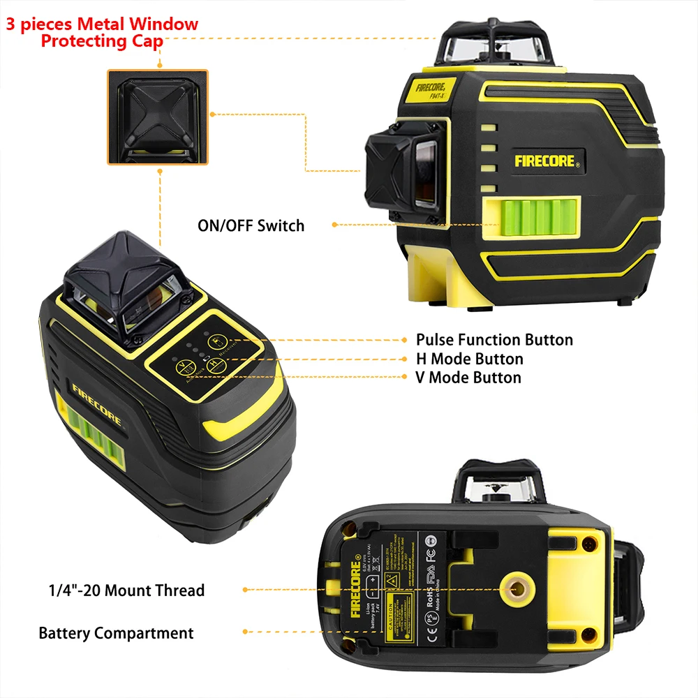 FIRECORE 360 Laser Level 12 Lines 3D Self-Leveling Horizontal&Vertical Cross Lines Super Powerful Green Laser Level Tool F94TXG