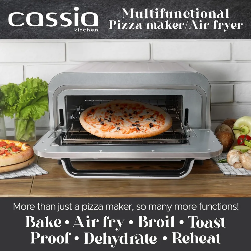 Forno de pizza elétrico para fritadeira de ar de bancada, capacidade de 12", 20L, 1800W, aquece até 750 ° F, inclui pedra de pizza, casca, cesta de fritar