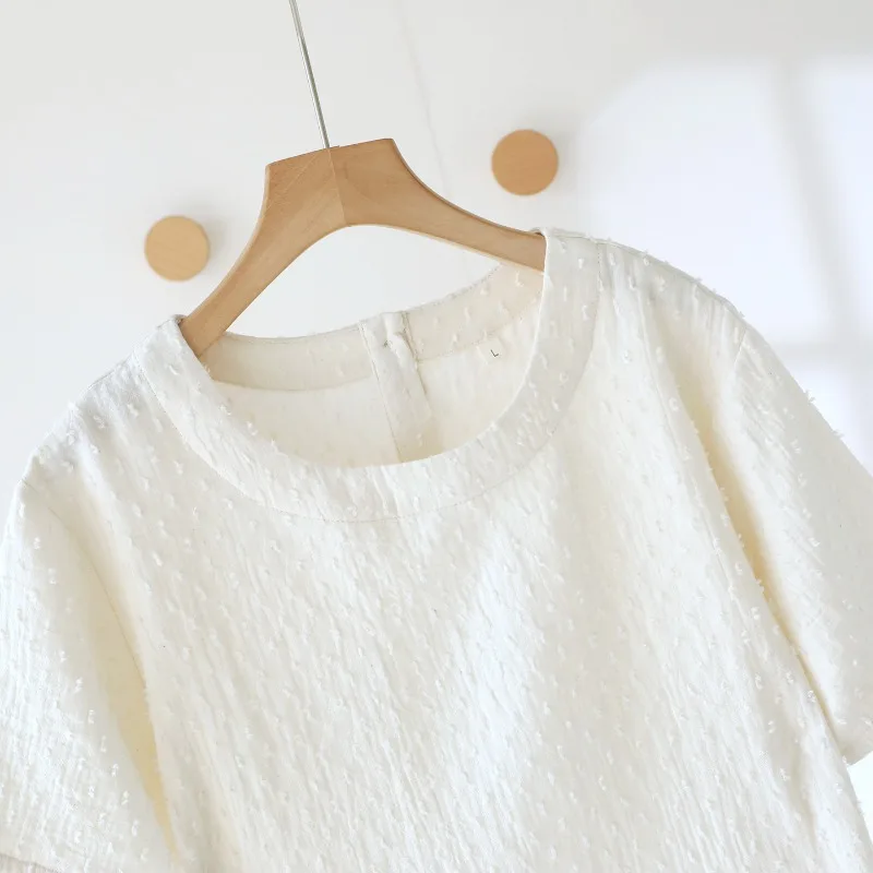 Women's Cream Cotton Gauze Textured T-Shirt, Round Neck Short Sleeve Soft Breathable Summer Home Wear, Relaxed Fit Casual Top view 3