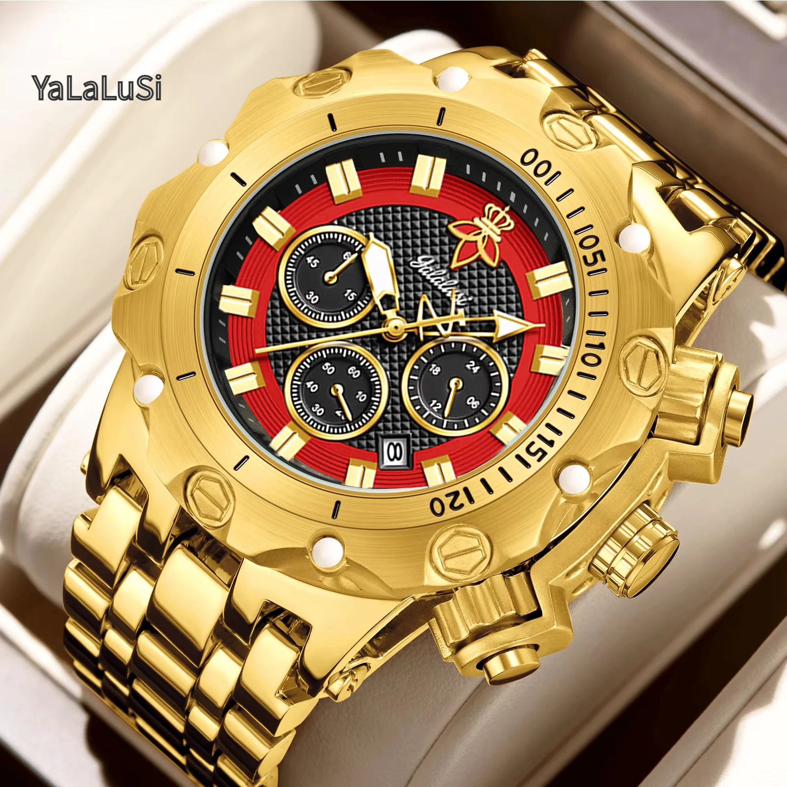 YaLaLuSi Brand 2026 NEW Men's Multifunctional Luxury Watch, Gold Strap with Atmospheric Dial, Fashionable and Practical Gift Box