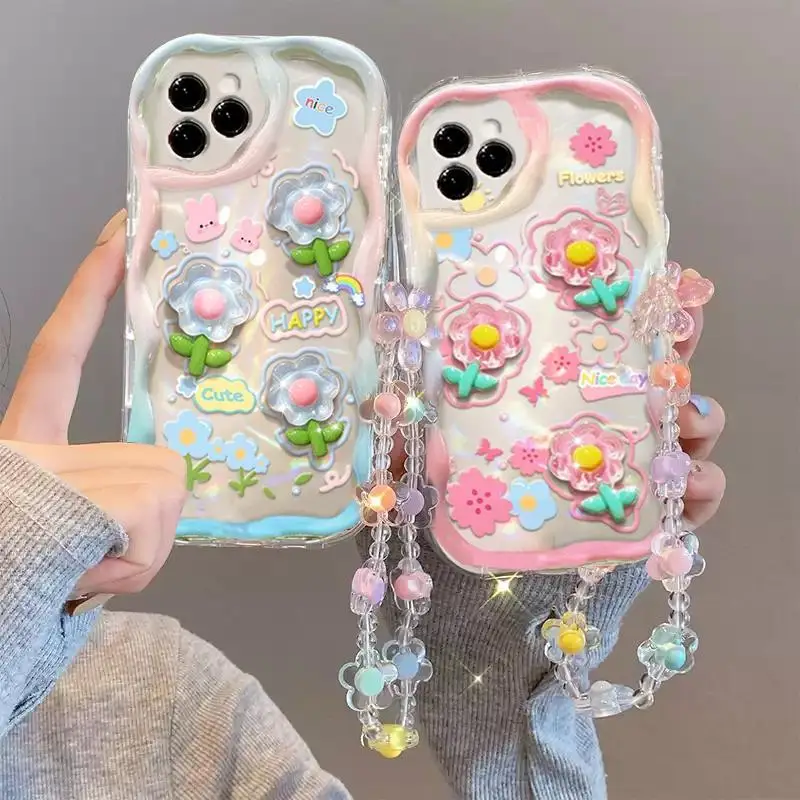 3D Cute Flower Case For Samsung Galaxy A25 A10 A11 A31 A51 A71 A21S A50 A30S A20 A30 A32 A52 A02 A02S A22 A03 J7 Wrist Chain