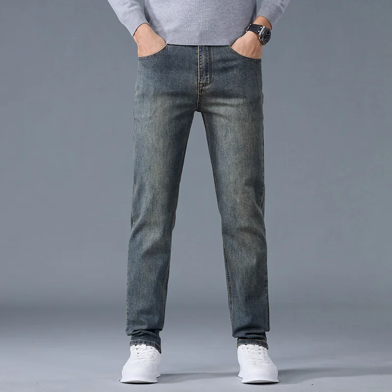 

Упрощенные деловые повседневные эластичные мужские джинсы в стиле ретро, мужская одежда большого размера, универсальные брюки для любого случая
