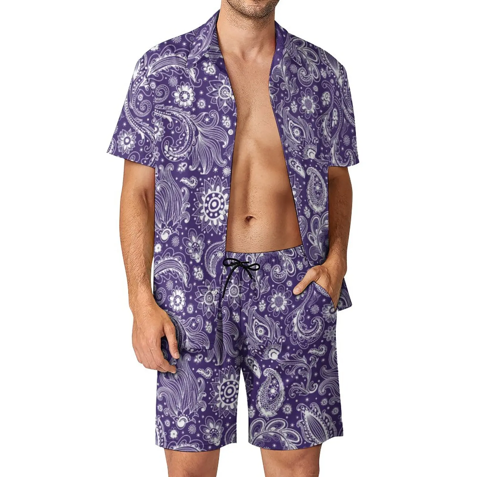 

Floral Paisley Men Sets Blue Boho Style Casual Shorts Fitness Outdoor Shirt Set Summer Hawaii Graphic Suit Plus Size Clothes