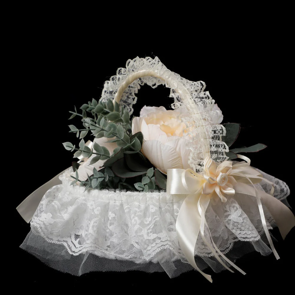 

Wedding Flower White Lace Trim Flower Girl Basket For Wedding Bridal Shower Party Woven Handheld Rustic Basket Decor