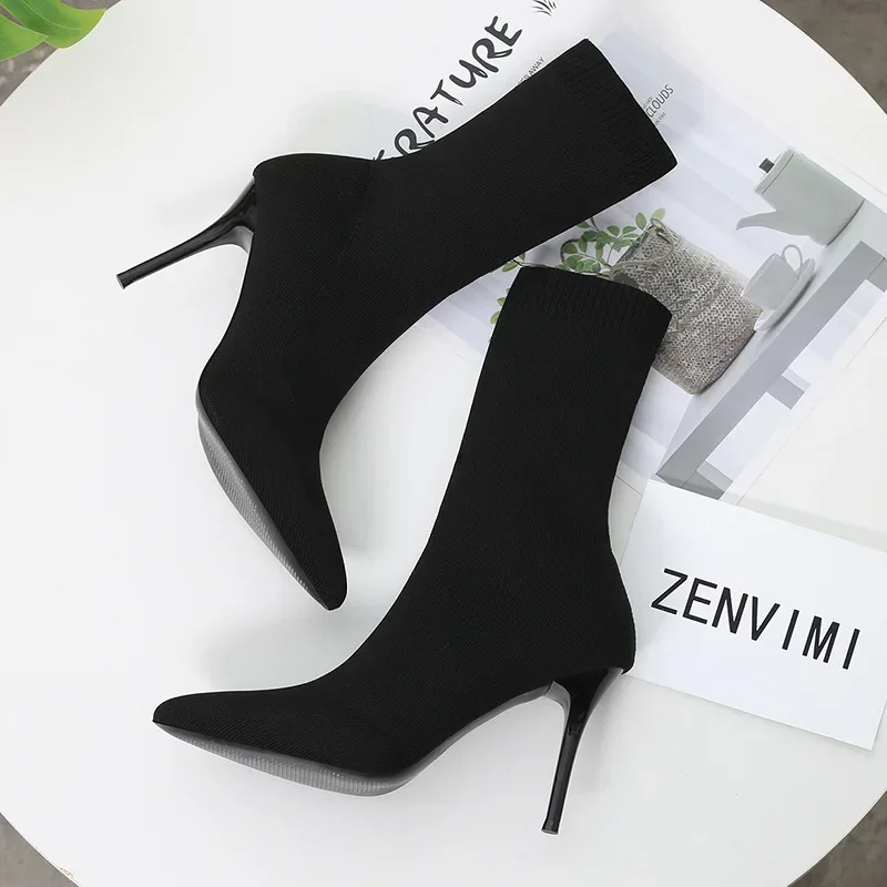 Seksowne skarpety buty Knitting rozciągliwe buty wysokie obcasy dla kobiet modne buty 2024 wiosenne jesienne botki damskie