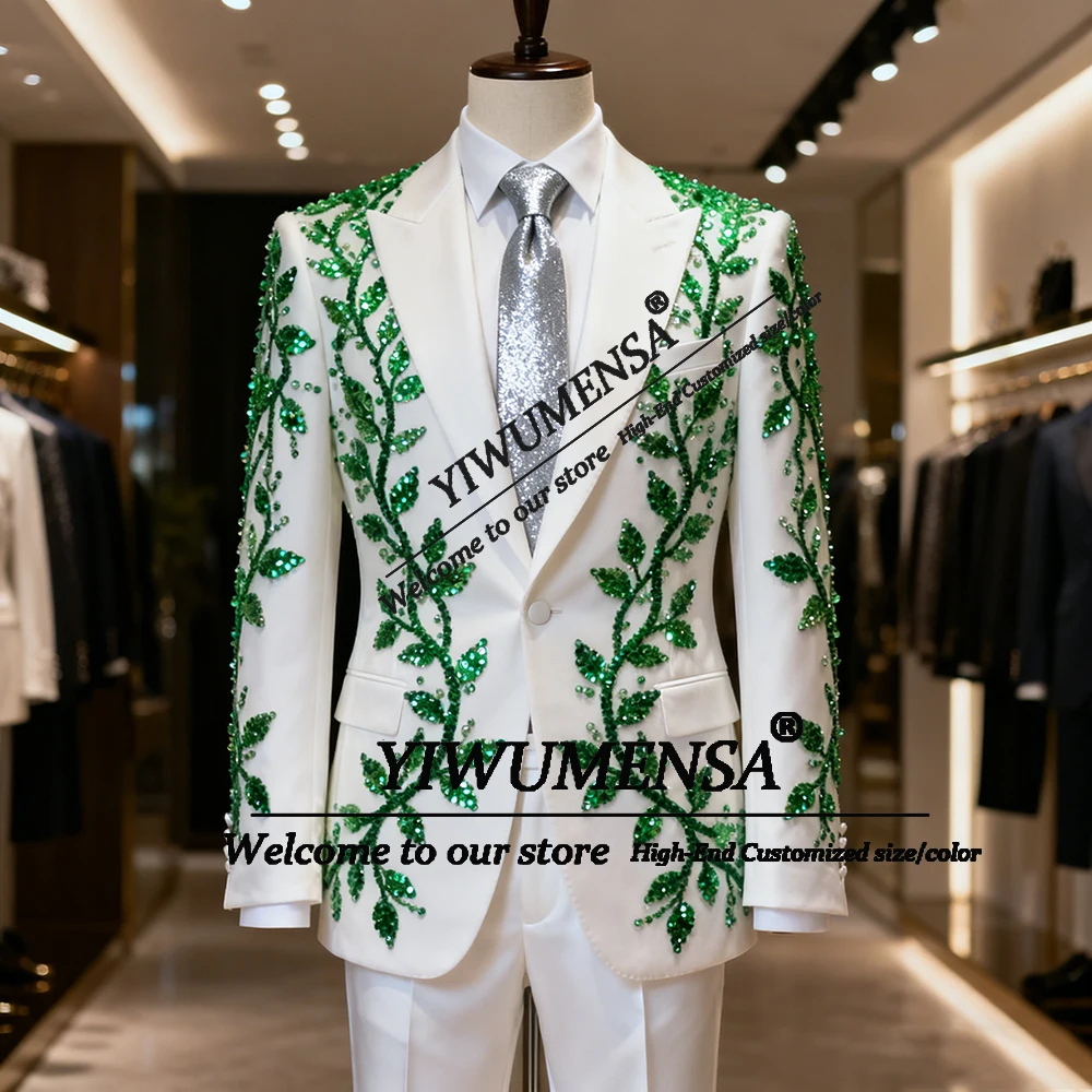 

Luxury Green Beaded Stones Suits Men 2 Piece Set Single Breasted Jacket Pants Customized Groom Wedding Tuxedos traje para hombre
