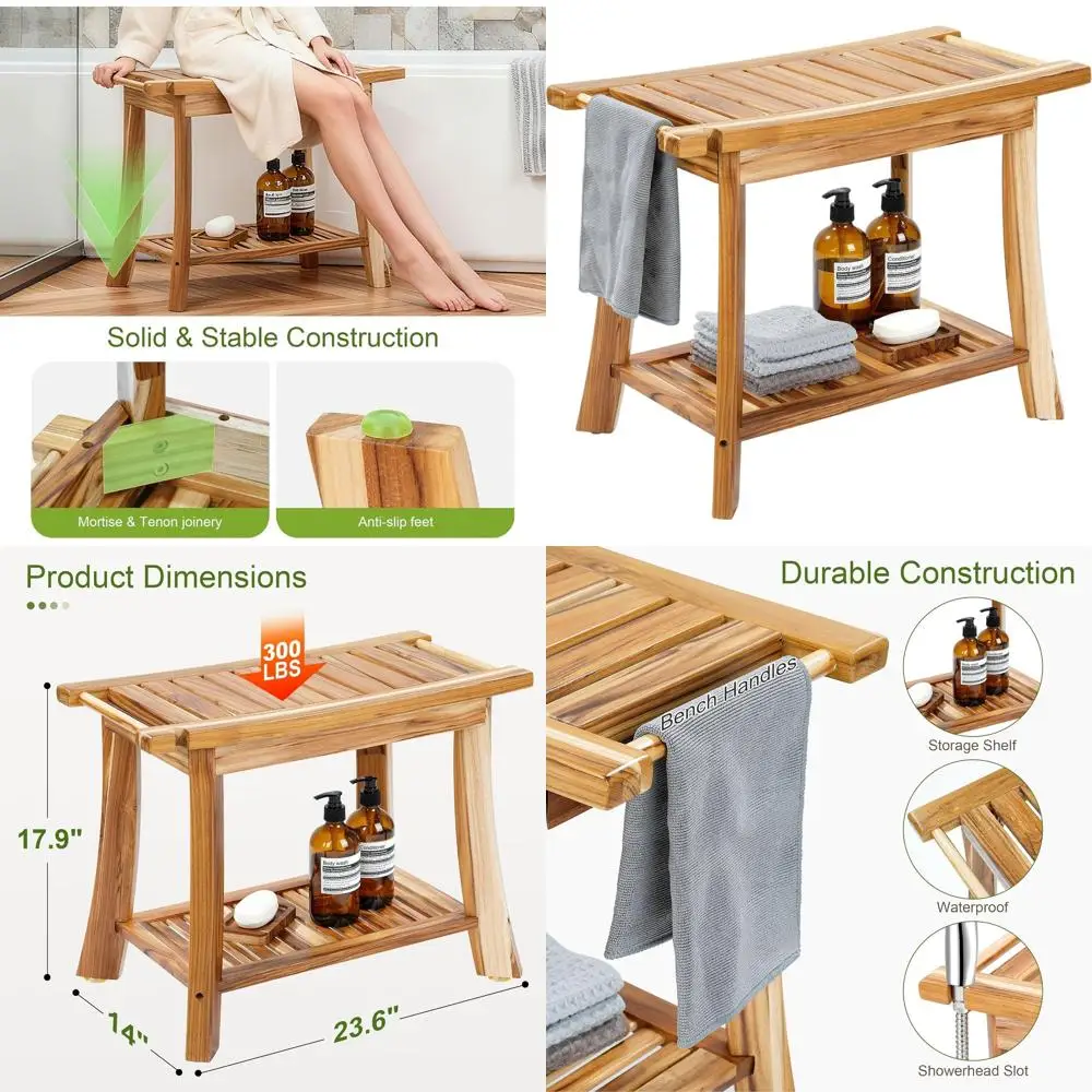 

Natural 24 Teak Shower Bench with Towel Rack & Storage, 300lbs Capacity, Non-Slip Feet