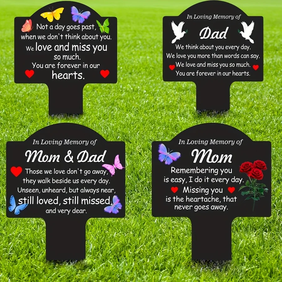 2D Memorial Grave Markers for Mom Dad and Loved ones, Durable Plastic Cemetery Stake Commemorative Sign, Outdoors Yard Sympathy