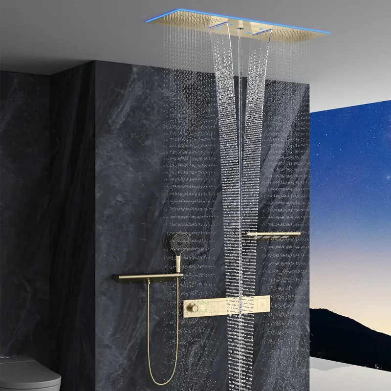 Factory Price Luxury Design Rain Shower Wall Mounted Bath Rainfall Waterfall Shower Set Gold Black Bathroom Shower Set with Jets