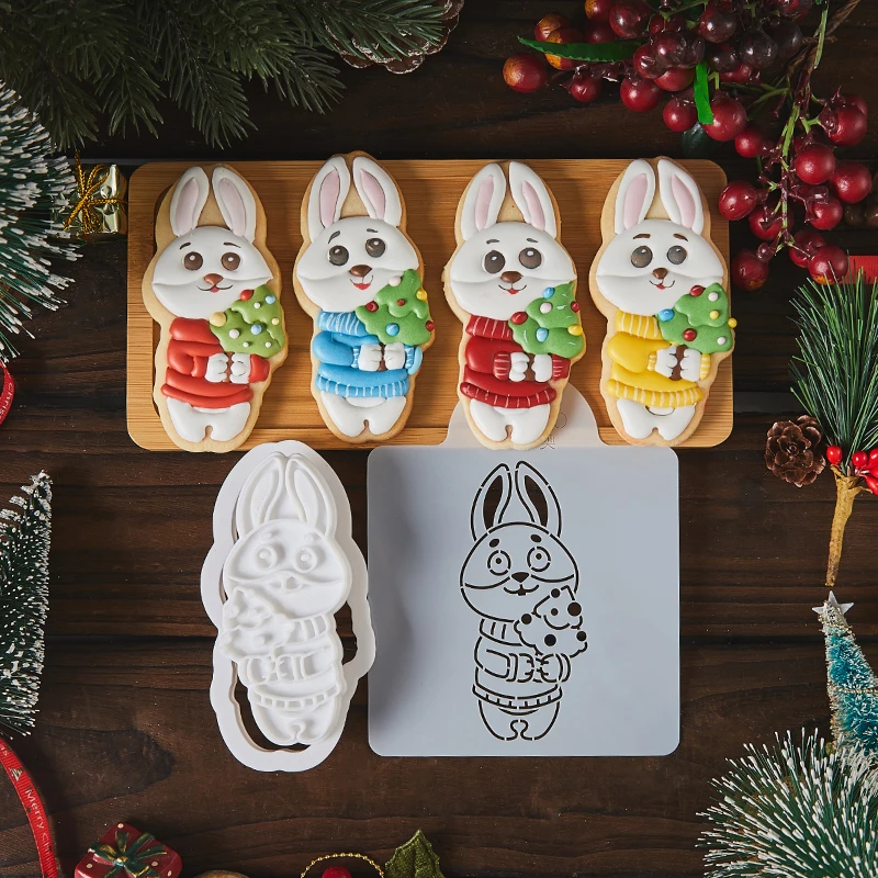 2023 Christmas Cookie Cutter Cartoon Stamped Frosting Cookie Mold Christmas Tree Bunny Hand Pressed Biscuit Mold DIY Home Baking