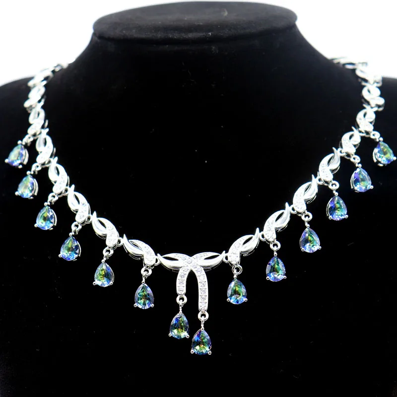 30x22mm Prevent Allergy 33.6g Fire Rainbow Mystic Topaz White CZ Ladies Wedding Silver Necklace 18-18.5inch