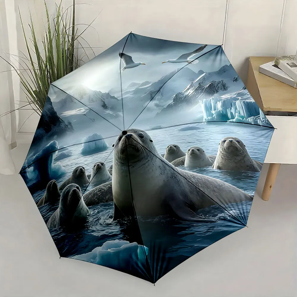 1PC Seal Adventure Under the Umbrella Print 8 Iron Ribs Folding Umbrella Auto-Open Fashion Sunshade