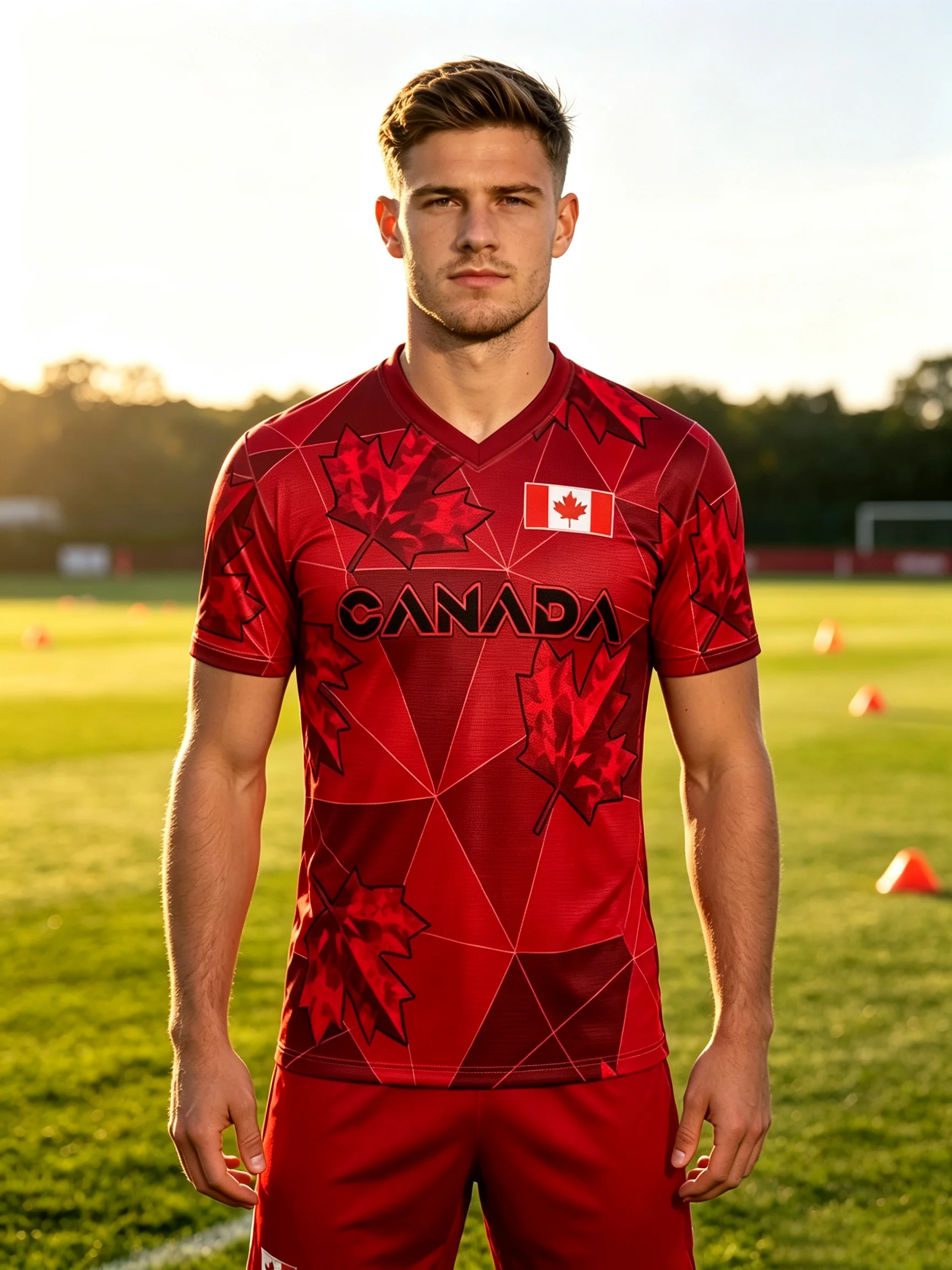 2026 Canada soccer jersey, geometric‑splice red background and elegant maple‑leaf full‑print design