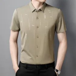 Summer Fashion New Ice Silk Men's T-shirt Short Sleeve Solid Turn-down Collar Striped Business Letter Button Casual Tops