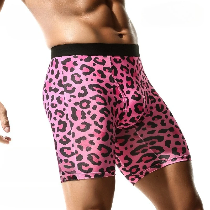 Men Long Leg Boxer Briefs Leopard Print Anti-chafing For Gym Low Waist Trendy Home Male Underwear Shorts