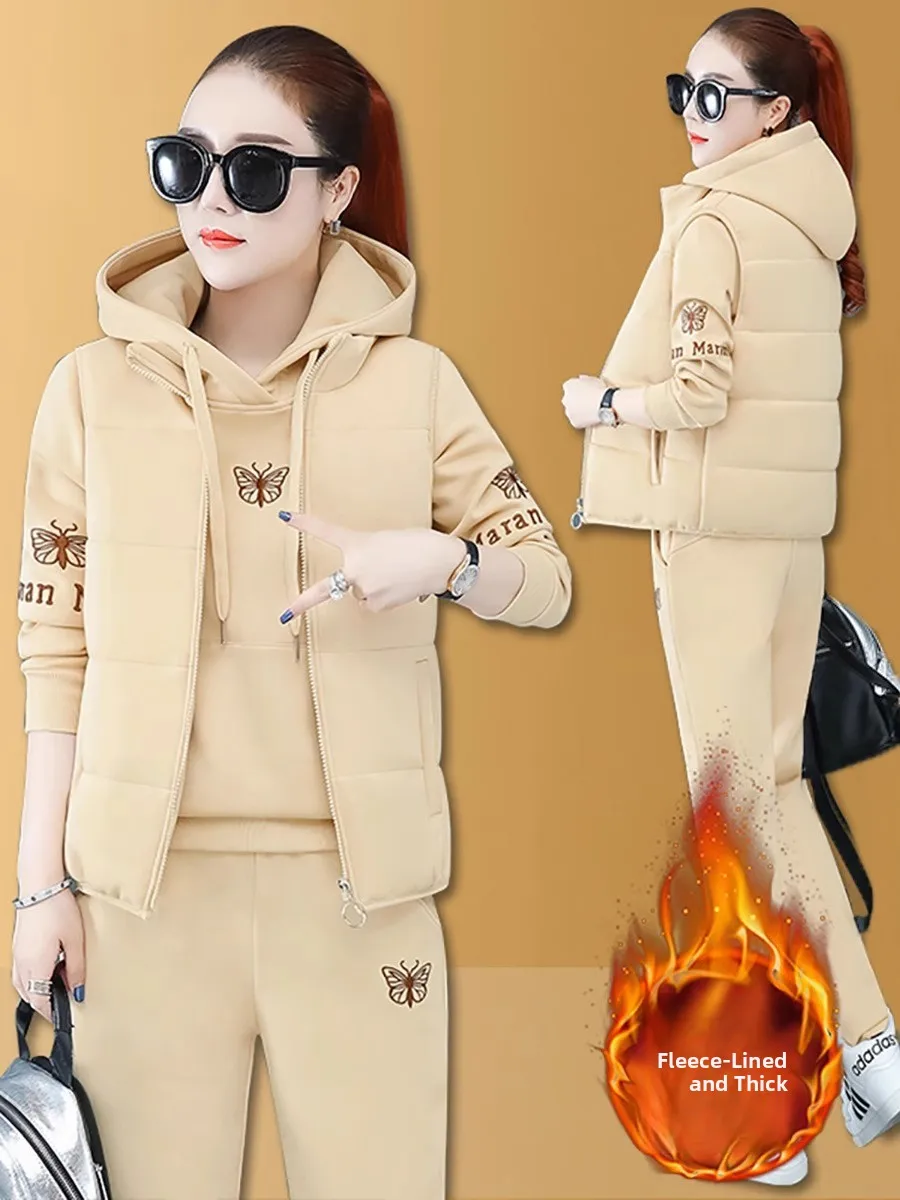 Thickened Fleece Autumn Winter Sportswear Set for Women Three-piece Anti-cold Outerwear Long Sleeve Casual Suit Polyester Fiber