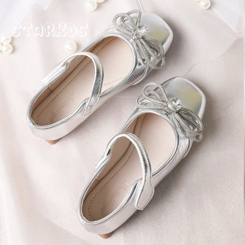 Zapatos de Ballet con lazo y diamantes de imitación para niños y niñas, Zapatos planos de charol, Mary Janes, elegantes, de cristal, para fiesta de