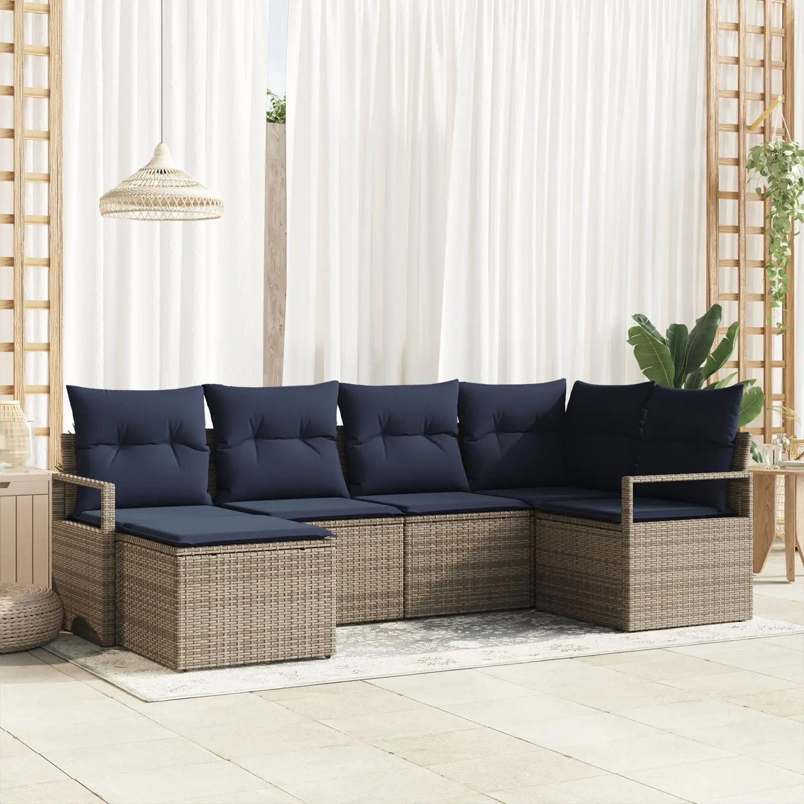 

Light Grey Poly Rattan 7 Piece Outdoor Garden Sofa Set with Cushions Modern Patio Furniture