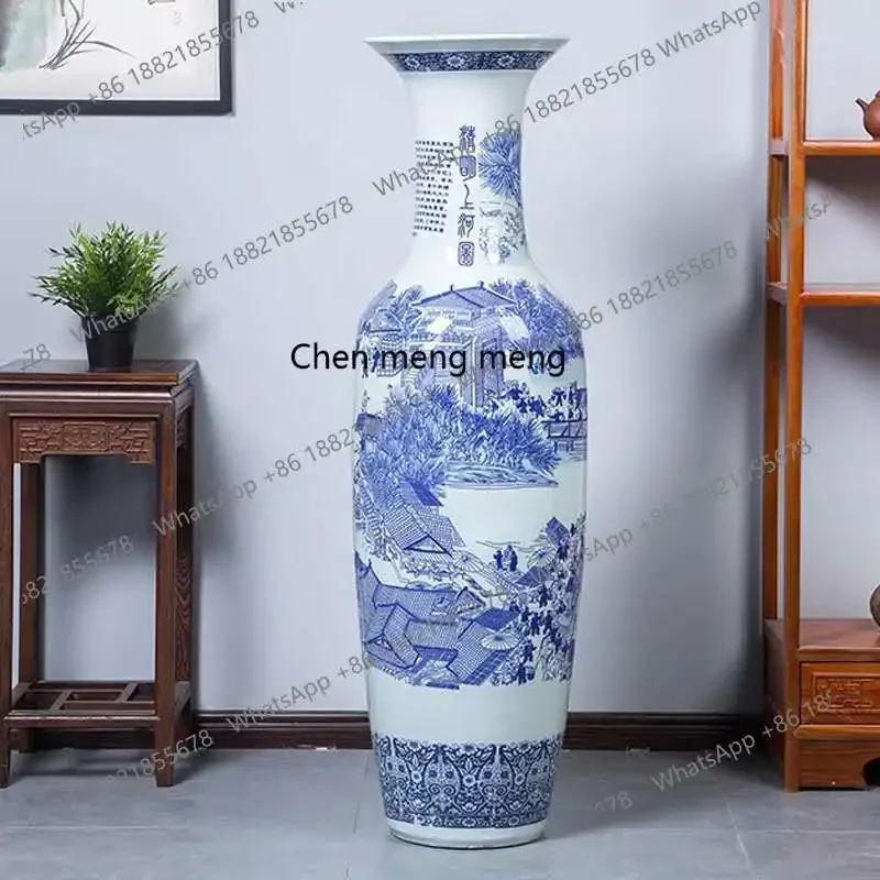 A74Jingdezhen ceramics blue and white porcelain Qingming Shanghe map floor-to-ceiling large vase living room hotel decoration