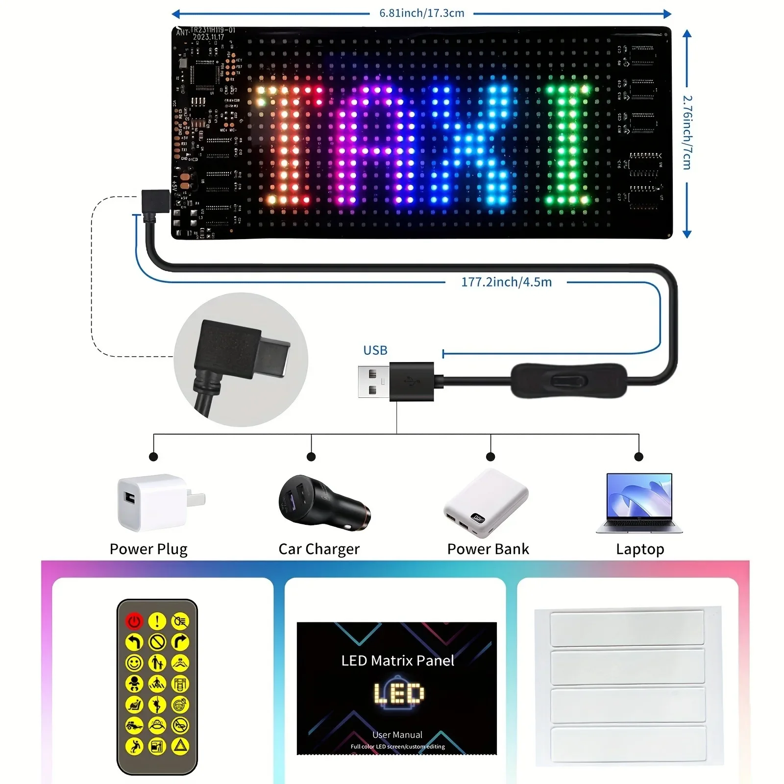 Smart Car LED Flexible Screen 7''x3''Remote And APP Control, DIY Animation/Text Flexible LED Panel Programmable LED Sign For Car