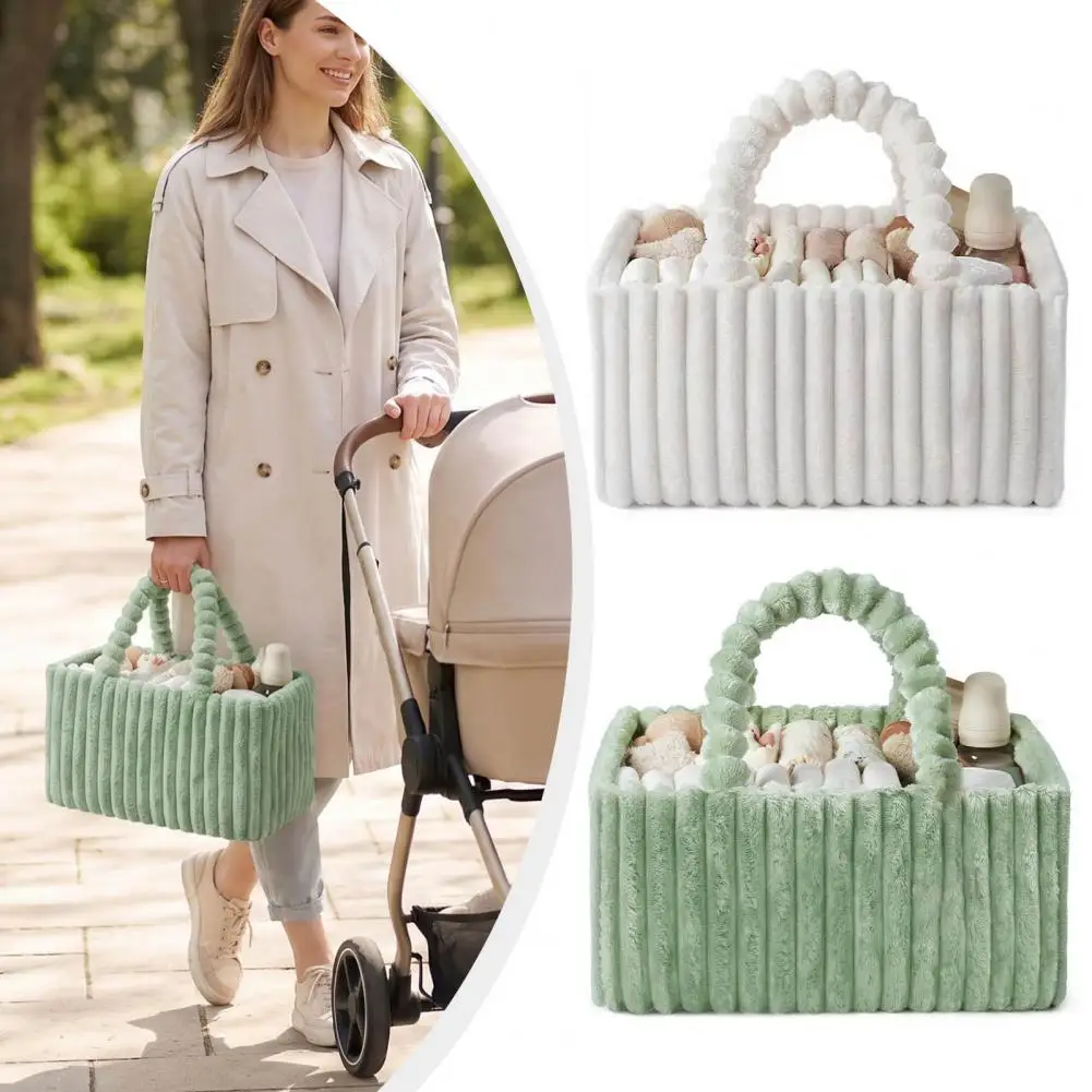 Plush Baby Diaper Caddy, Quilted Baby Gear Organizer, Lightweight Mommy Bag, Fuzzy Travel Diaper Tote for Newborn Essentials