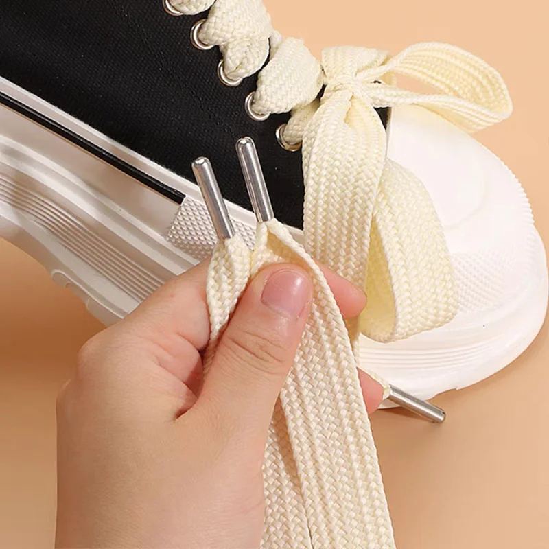 Quality Flat Shoelaces Hand-woven 130*2cm Rubber Band Sneakers Cotton Rope Solid Color Bold Decoration Wide Strings Shoe Laces