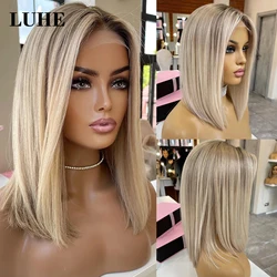 Highlight Ash Blonde Colored 13x3 Lace Front Wigs for Women 16Inch Dark Roots Synthetic Hair Straight Short Bob Lace Frontal Wig