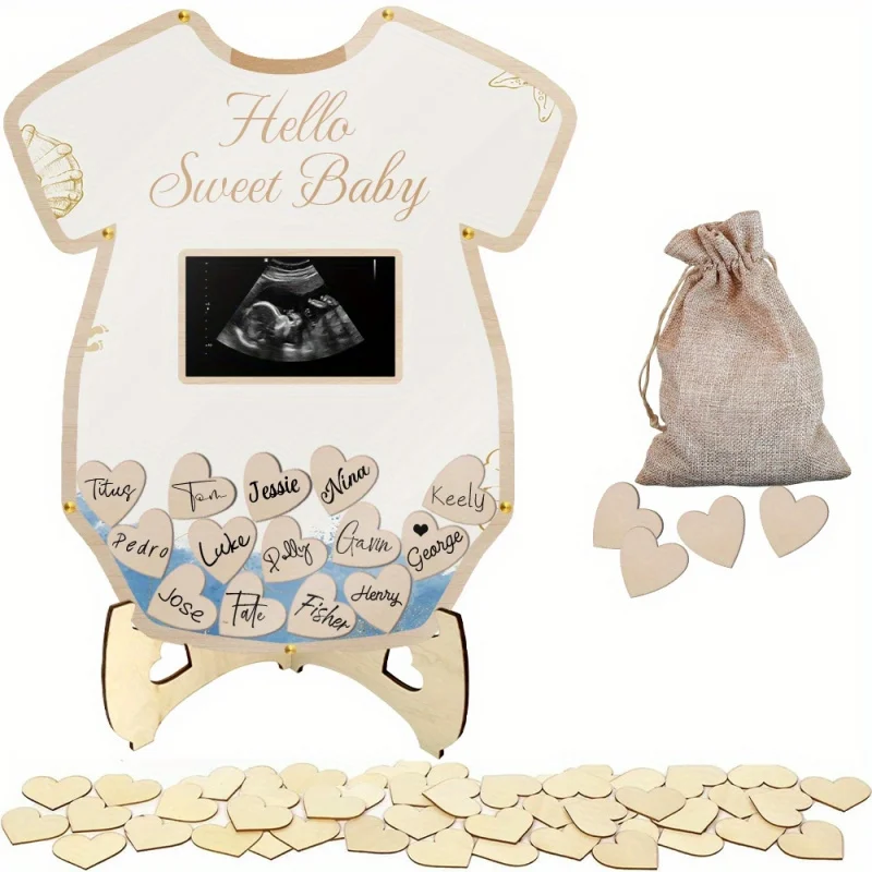 Baby shower guest book，Baby shower sign, Wooden Guest Book with Photo Slot, 60 Heart Signing Plaques, Drawstring Storage Bag