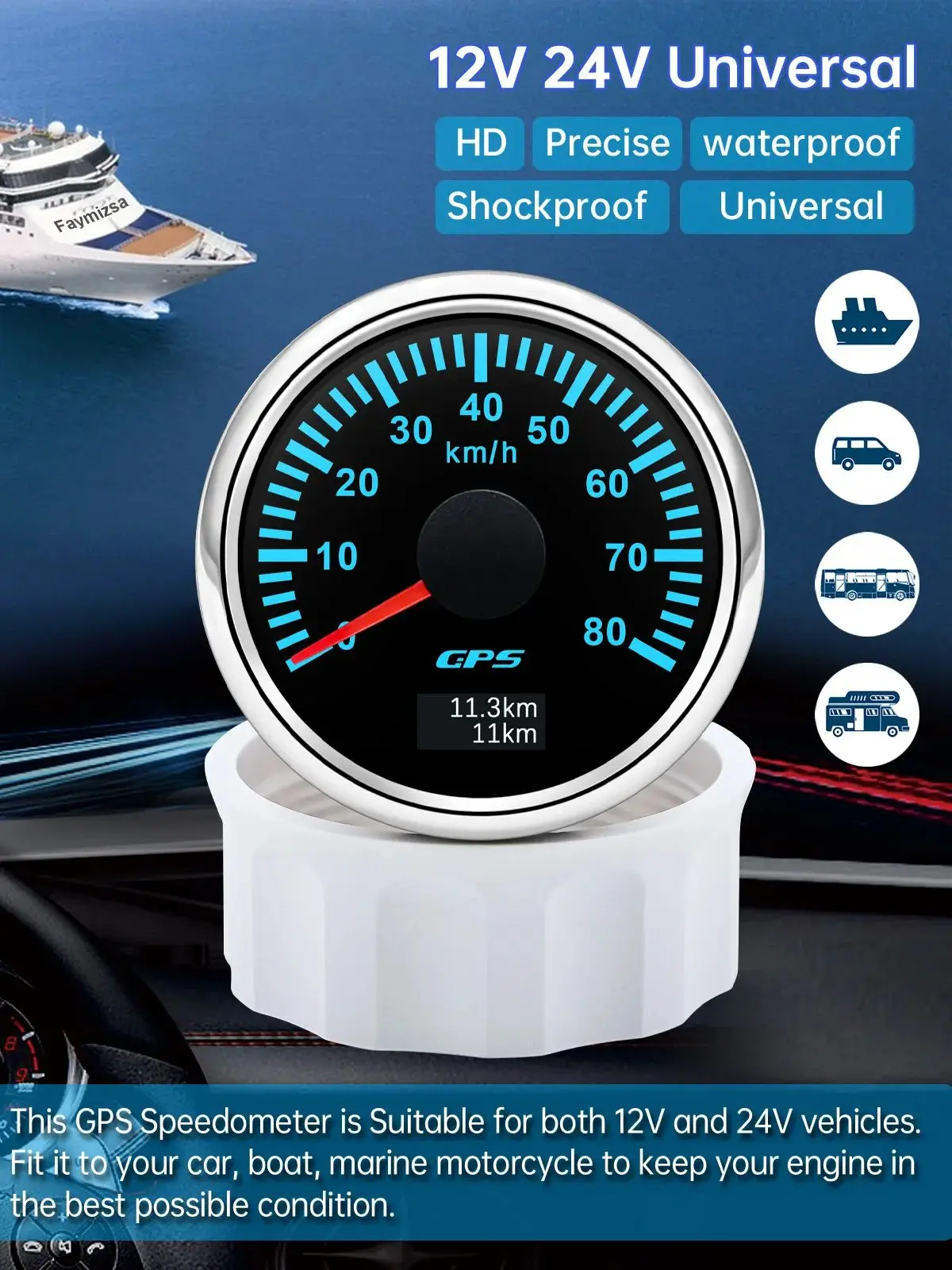 Prędkościomierz GPS 30/60/80/120/200 Km/h z anteną GPS do samochodów 12V 24V, łodzi, pojazdów morskich, wodoodporny miernik prędkości, licznik kilometrów, 7 kolorów LED — 2