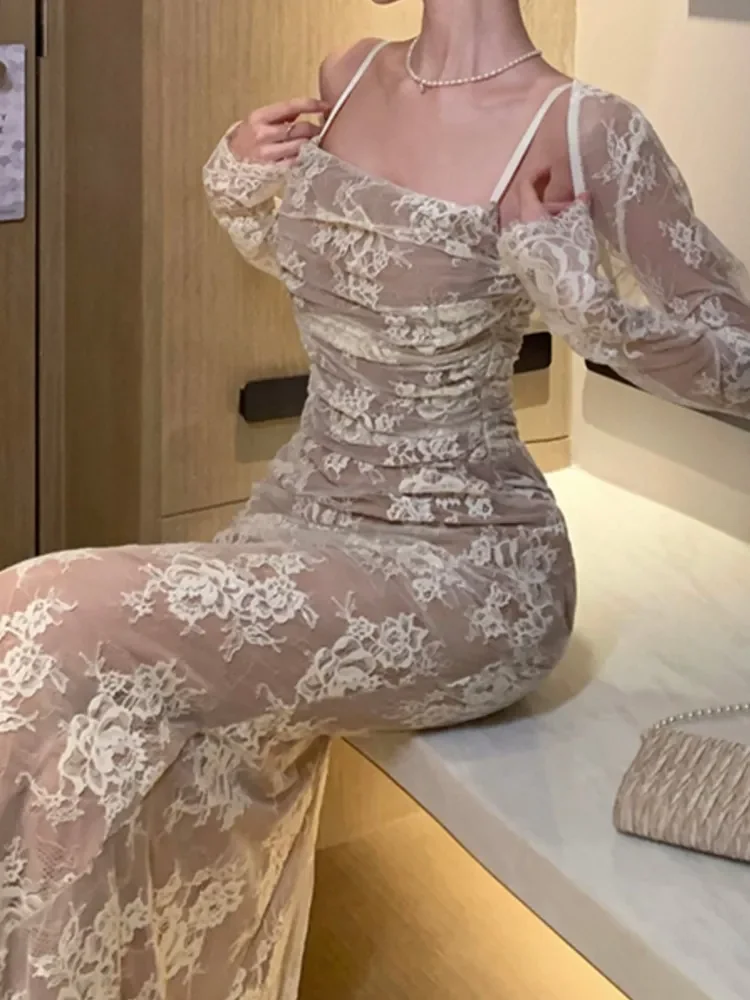 Sexy Women Elegant Bodycon Slim Lace Dress Vintage Casual Backless Bandage Party Dress Female Fashion Long Robe Clothes Spring