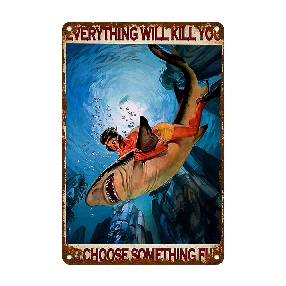 Shark Dive Retro Metal Sign -  Vintage Wall Art with Bold 