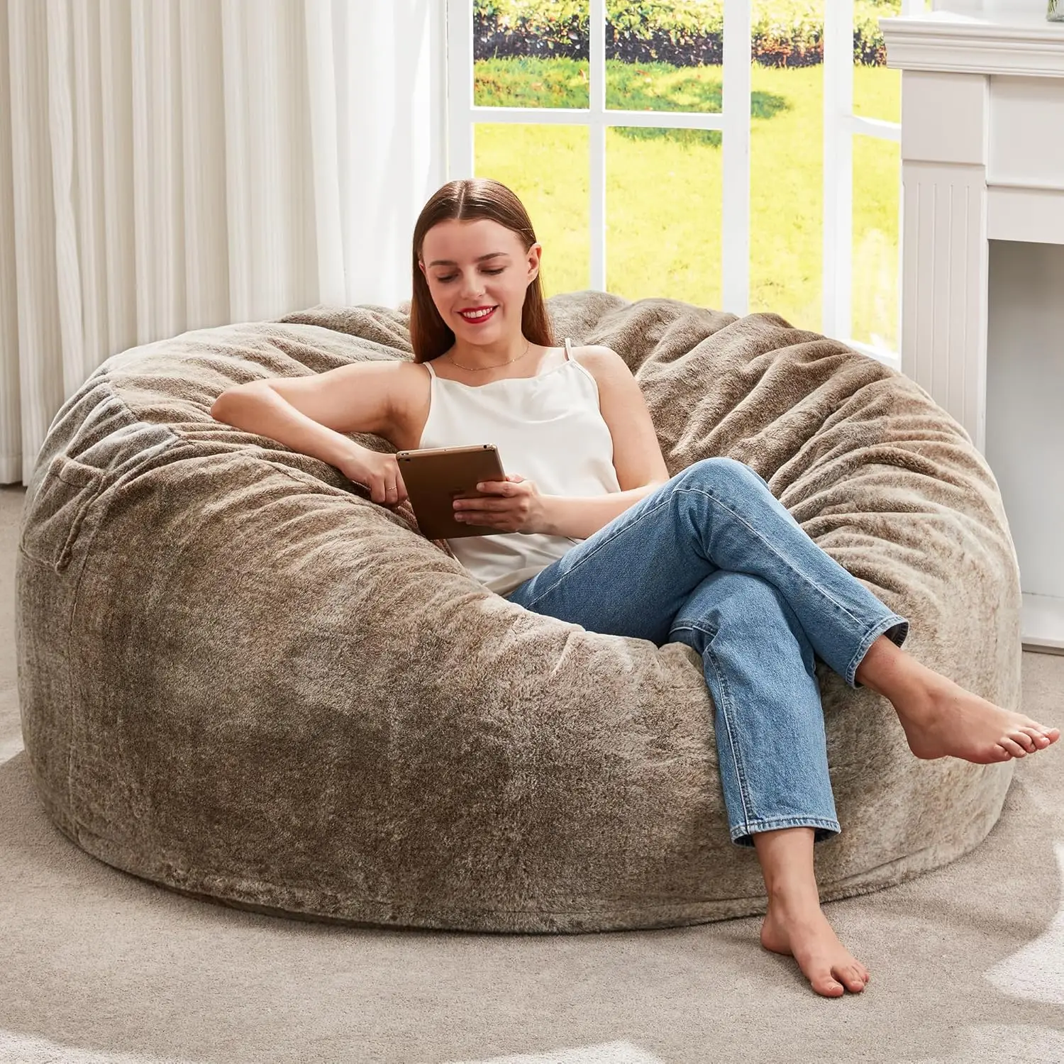 Giant Memory Foam Bean Bag Chair with Removable Washable Cover, Brown 4FT for Adults Living Room Bedroom