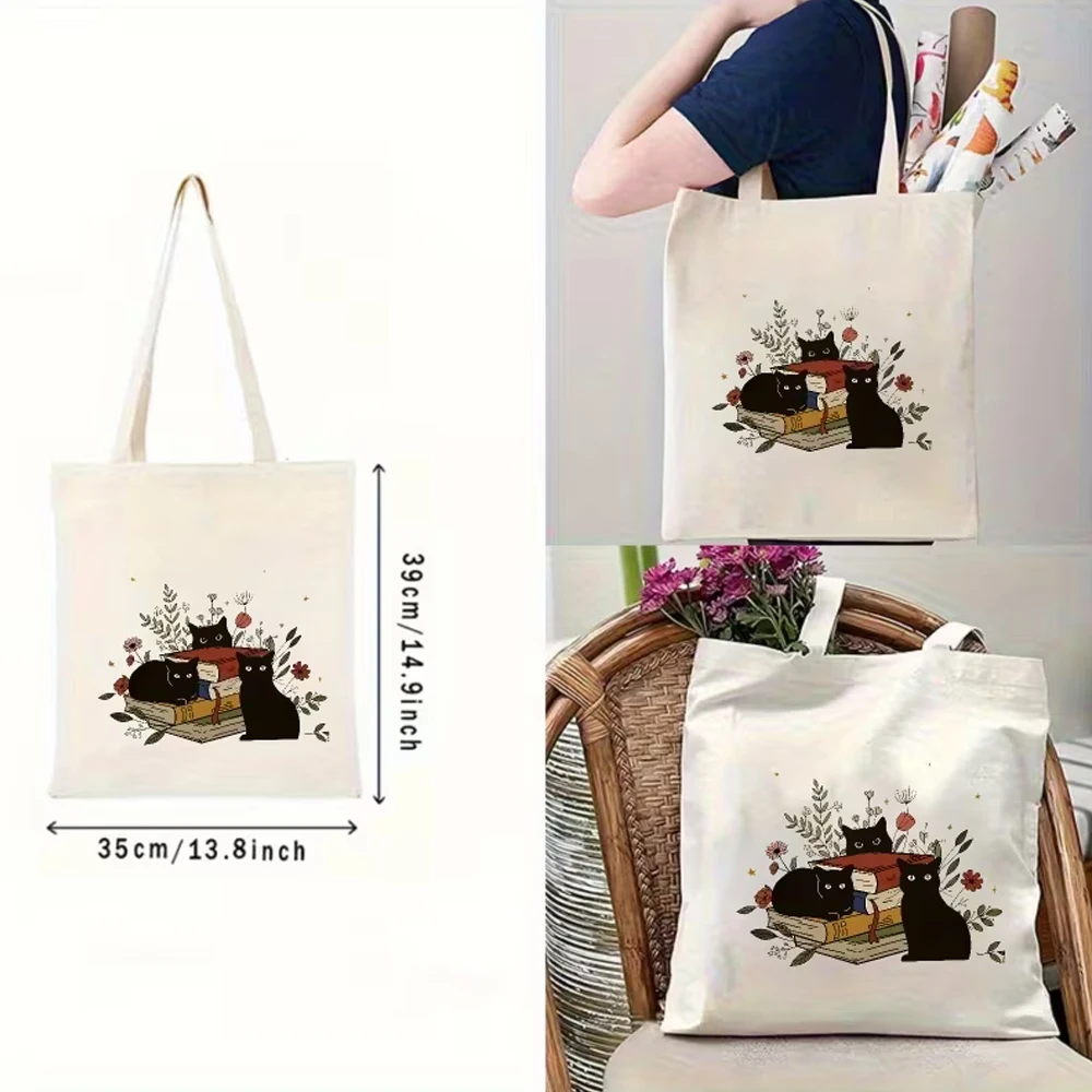 White Tote Bag with Black Cat Pattern Print - a Must-Have for Everyday Shopping, Book and Flower Design - Shopping Shoulder Bag
