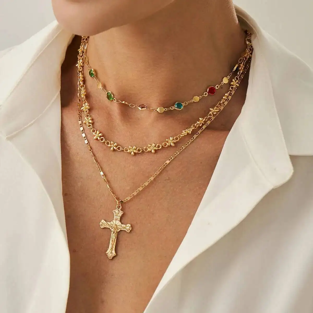 

KunJoe 3Pcs/Set Exquisite Jesus Cross Pendant Necklace for Women Elegant Multilayer Colorful Crystal Chain Choker Jewelry Gift