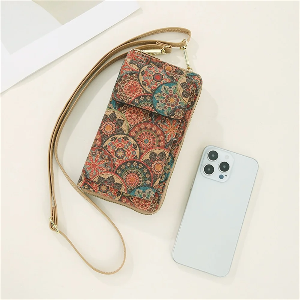 Damska torba na telefon komórkowy z nadrukiem w stylu vintage portfel o dużej pojemności korkowa torba na ramię typu crossbody modna etui na telefon