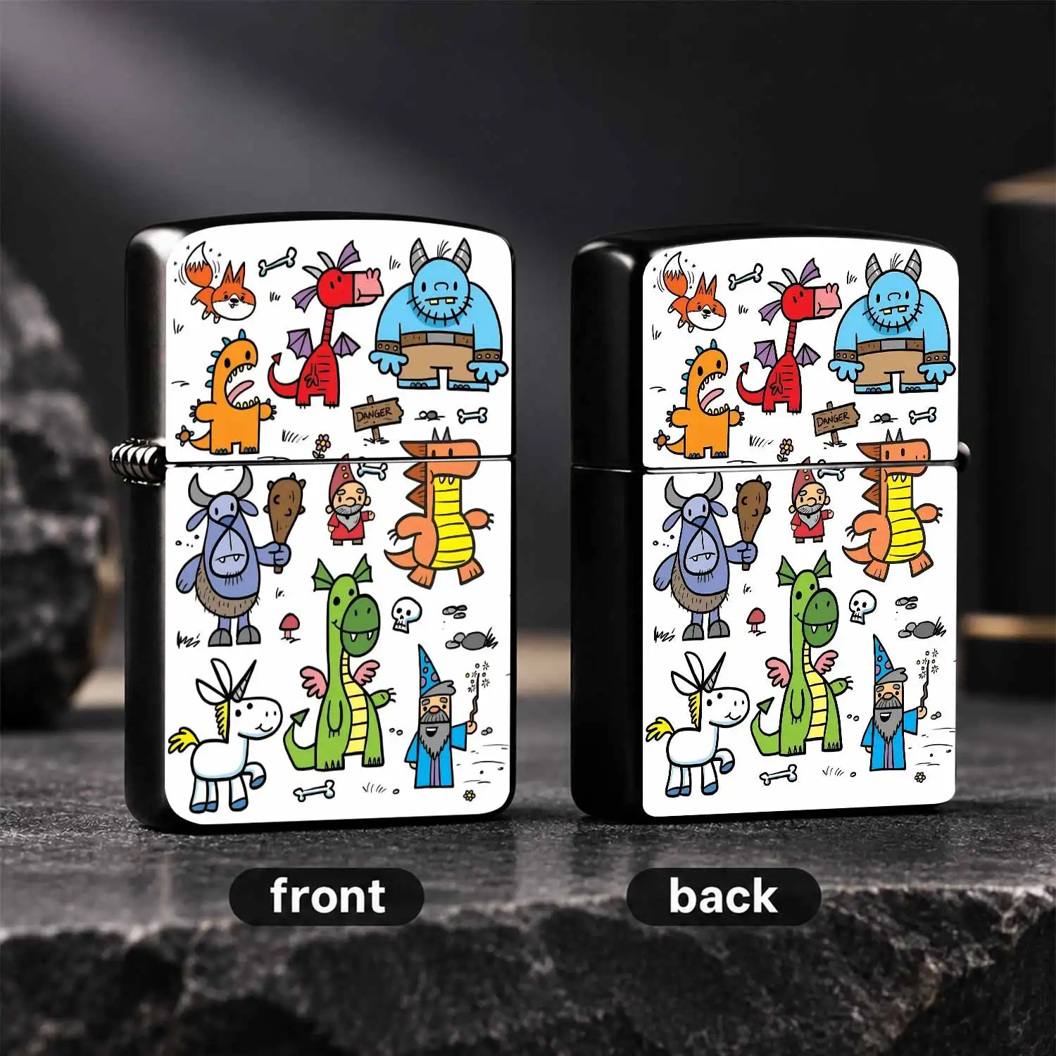Fantasy Doodle Lighter Cute Hand-Drawn Magical Beasts Wizard Dwarves Unicorn Pattern Portable Creative Decor Accessory For Daily Carry Party Travel Gifting Collectible Use For All Scenes Unique Fun Novelty Item Interesting And Humorous Ligh