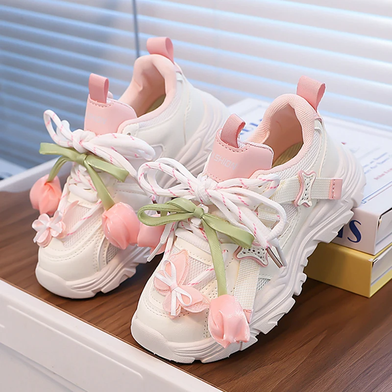 

Pink Bowknot Decor Children's Sneakers Lightweight Breathable Casual Shoes for Children Plus Size Non Slip Lace Up Walking Shoes